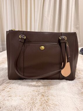 COACH Brown Leather Double Zip Shoulder Tote Bag Gold Hardware